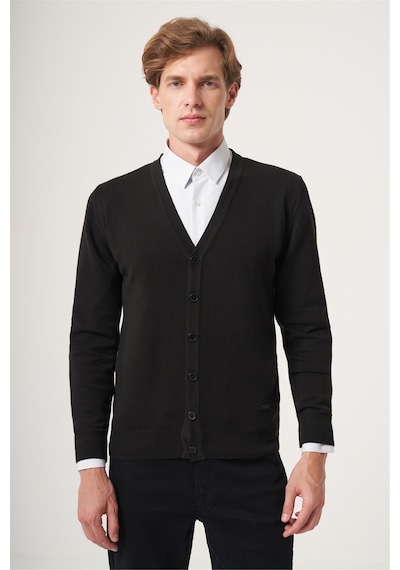 İmza Siyah V Yaka Uzun Kol Örme Comfort Fit Pamuklu Hırka Triko 1012265016