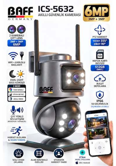 Baff Ics-5632 6mp Çift Lens Wifi Akıllı Güvenlik Kamerası Ptz Aı İnsan Algılama Hareket Takip Gece Görüşlü