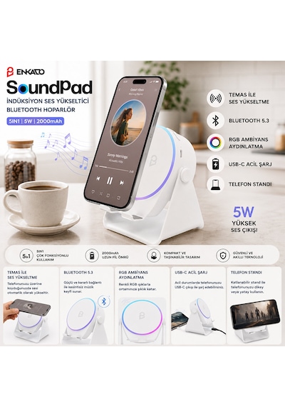 Soundpad 5ın1 - 5w - 2000mah Temas İle Ses Yükseltme - Telefon Stand - Usb-c Şarj Beyaz İndiksiyon Ses Yükseltici Bluetooth Hoparlör Speaker Ekd-s11 5250
