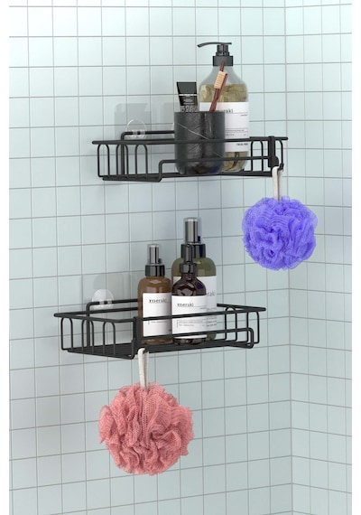 Teknotel ST242H Yapışkanlı Kancalı Banyo Rafı Mat Siyah 2 Adet Siyah