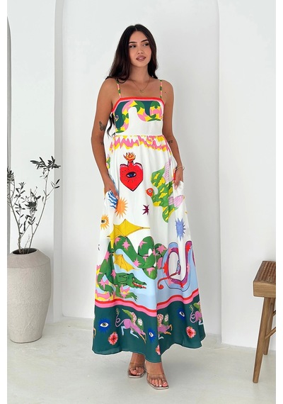 Asprin Fashion İthal Krep Kumaş Kare Yaka Elbise Desenli Desenli
