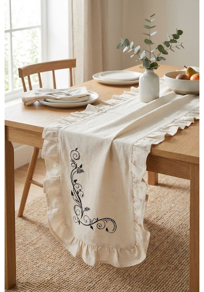 Siyah Nakış Detaylı Fırfırlı Masa Runner 40x120 Cm Şık Dekoratif Masa Ve Konsol Örtüsü Açık Krem