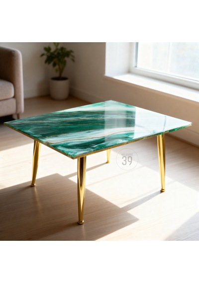 Emerald Regalıa Lüks Geode Epoksi Orta Sehpa 50x70 Cm Altın Detaylı Contemporary Tasarım, Modern Lüks Ev Dekoru Yeşil