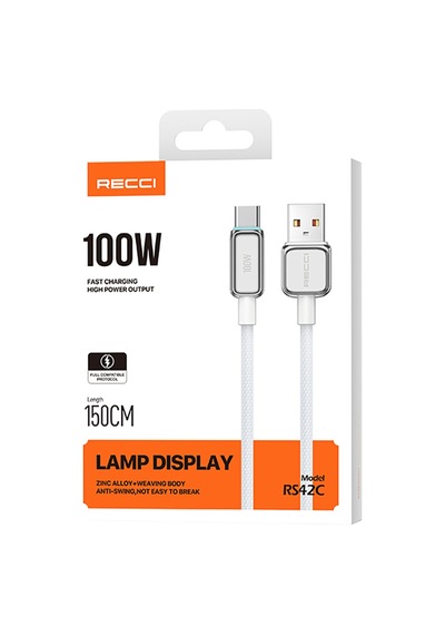 Recci Rs42c Lamp Display Serisi Type-c Usb 100w Hızlı Şarj Özellikli Data Ve Şarj Kablosu 1.5m Gümüş