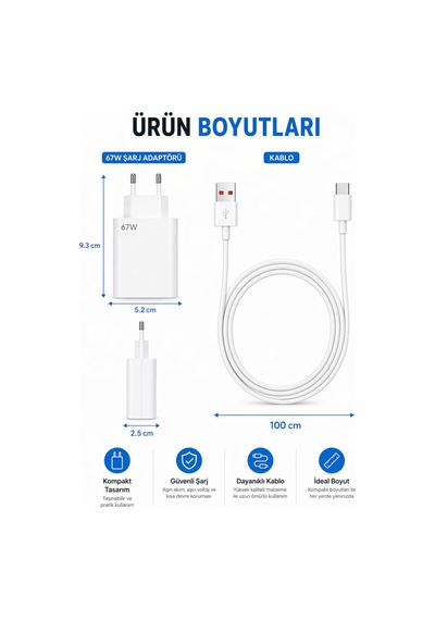 67w Turbo Hızlı Şarj Aleti Type-c Kablo Dahil Hızlı Şarj Destekli Xiaomi Redmi Oppo Huawei Uyumlu