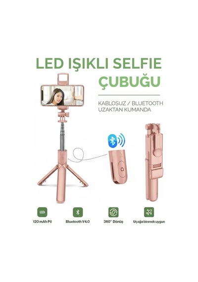Led Işıklı Selfie Çubuğu Bluetooth Kumandalı Kablosuz Tripot Selfie Monopod Selfie Stick Pembe