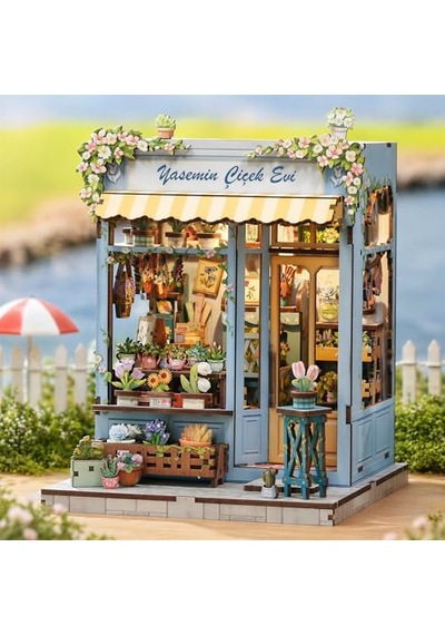 Yasemin Çiçek Evi Book Nook Dıy Kit Ahşap Minyatür Kitap Köşesi Dekoru, Led Işıklı Kendin Yap Hobi Seti