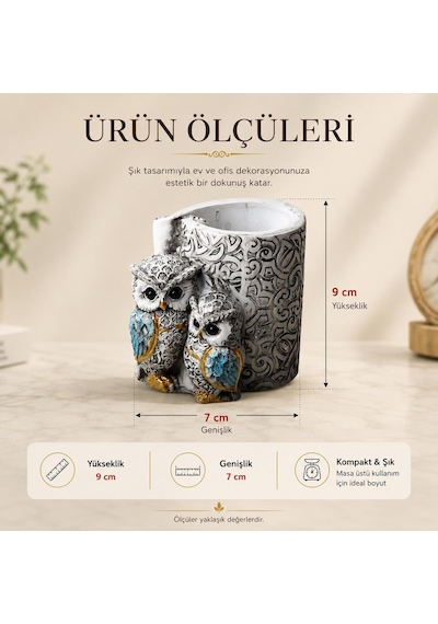 Lüks İşlemeli Aynalı Baykuş Kalemlik Biblo Dekoratif Heykel Ev Ofis Masa Dekoru Hediyelik 9 X 7 Cm 9 - 11 Cm
