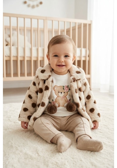 Ahengim Minik Ayıcık Baskılı Puanlı Yumuşak Dokulu Peluş Montlu 3 Lü Kız Bebek Set Takım Ak8534 Bej