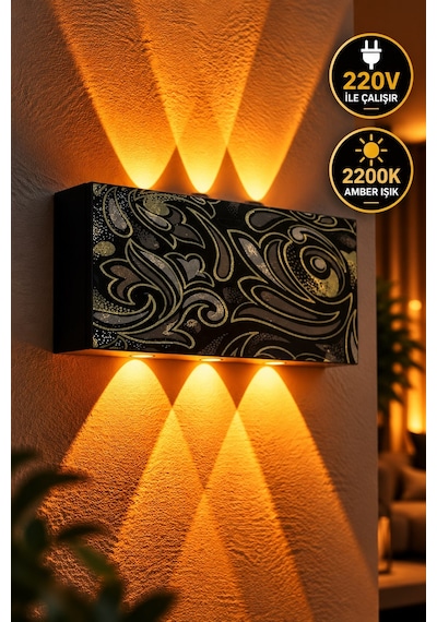 Siyah Gold Barok Desenli 12w 2200k Amber Işıklı 3 Gözlü Yukarı Aşağı Dekoratif Duvar Apliği 16 Cm Amber Işık
