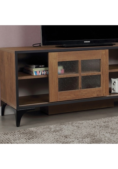 Revival Metal Ayaklı Tv Ünitesi 125Cm Meşe / Cam Sürgülü Kapaklı