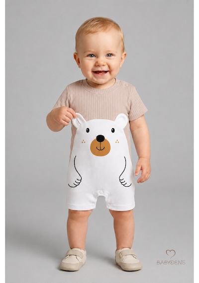 Babyden's Erkek Bebek Ayıcık Baskılı Kısa Kollu %100 Pamuk Yazlık Bebek Tulumu Yenidoğan Günlük Tulum 0-9 Ay Bej