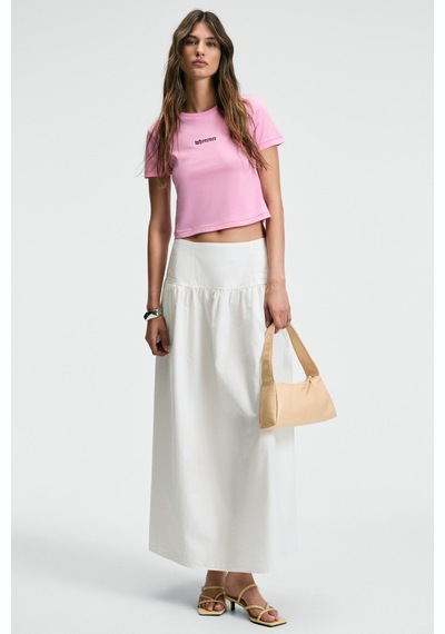 ETHIQUET ZERAYA Kadın Bisiklet Yaka Kısa Kollu Önde Nakış Detaylı Crop Pembe T-Shirt