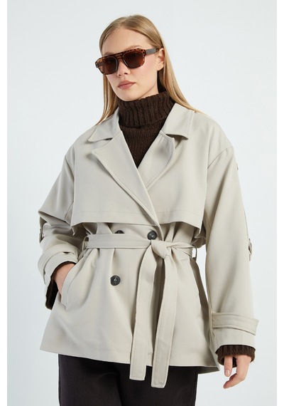Fullamoda Beli Kemerli Kruvaze Yaka Oversize Trençkot Taş