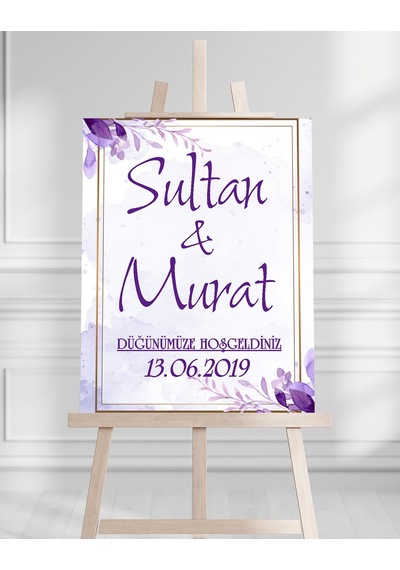 Söz Nişan Düğün İçin 50x70 Karşılama Panosu - Mor Çiçek Tasarımlı 002 Beyaz
