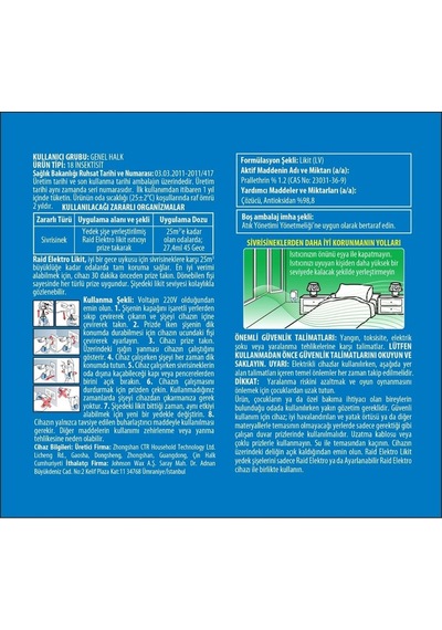 Raid Elekro Likit Cihaz Ve 1 Yedek, 45 Gece (Sivrisineklere Karşı)