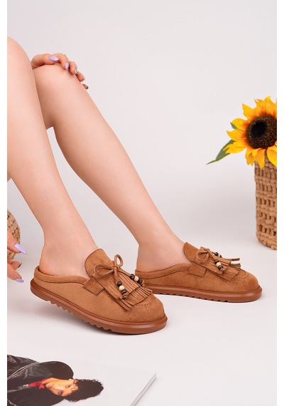 Muggo Fringe Süet Deri Fiyonk Detaylı Günlük Rahat Önü Kapalı Kadın Püsküllü Loafer Terlik Taba Muggo Fringe Süet Deri Fiyonk Detaylı Günlük Rahat Önü Kapalı Kadın Püsküllü Loafer Terlik Taba