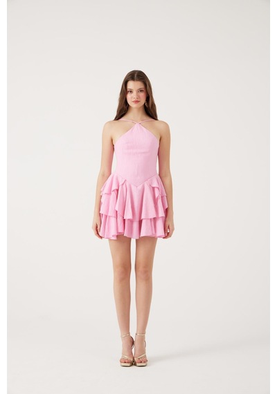 Holly Lolly Fırfırlı Halter Yaka Mini Keira Elbise Pembe
