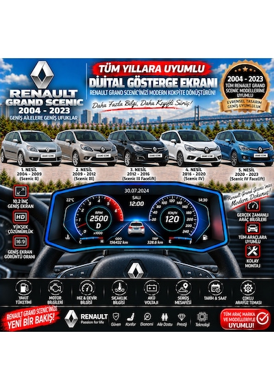 Renault Grand Scenic 2004-2023 Uyumlu Digital Gösterge Odb Ekran Arıza Göstergesi Turbo Gösterge Hayalet Ekran