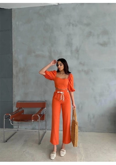 Defymoda Keten Crop Karpuz Kol Bluz-pantolon Hasır Kemerli - Orange Orange Turuncu