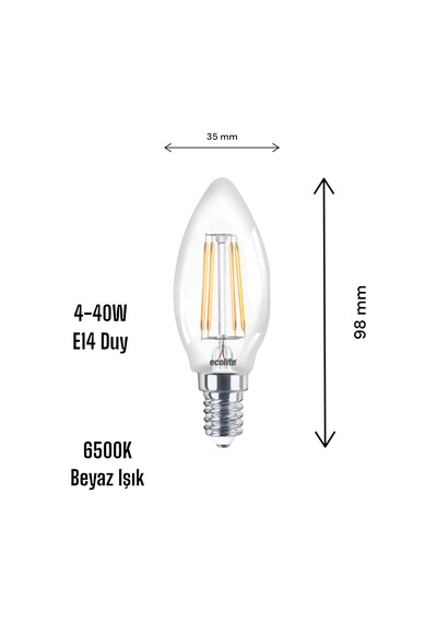 Ecolite 4w Led Filament Mum Ampul, E14 Duy, 6500k Beyaz Işık, 470