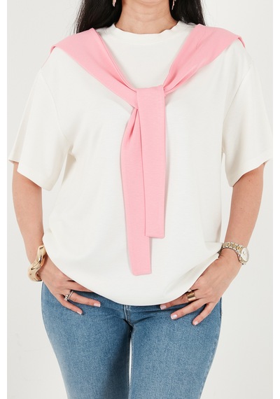Lela Rahat Kalıp Bisiklet Yaka Omuz Şal Detaylı T Shirt Bayan T Shirt 5867044 Ekru-pembe