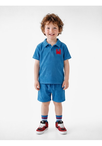 Koton Yengeç İşlemeli Kısa Kollu Pamuklu Oversize Polo Yaka Tişört Mavi 6smb10160tk