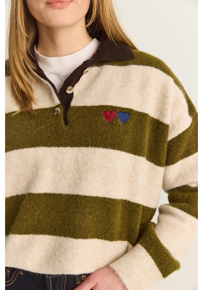 Shade Kadın Oversize Çizgili Polo Yaka Kalp Desen Nakış İşlemeli Triko Kazak 2632 60283920 - Krem-yeşil Çok renkli Shade Kadın Oversize Çizgili Polo Yaka Kalp Desen Nakış İşlemeli Triko Kazak 2632 60283920 - Krem-yeşil Çok renkli