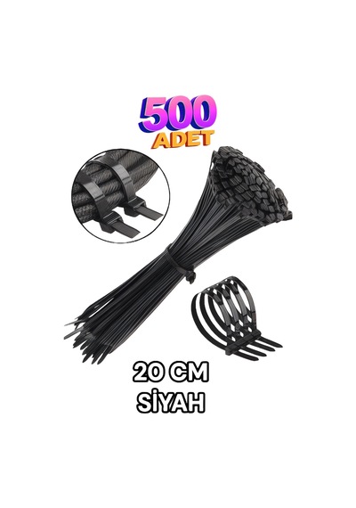 3.6x200 Kablo Bağı , Cırt Kelepçe 500 Adet Siyah
