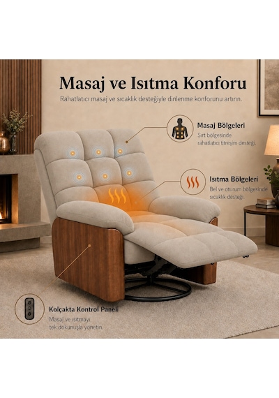 Smarto Relax Porto Tv Koltuğu Elektrikli Masajlı Isıtmalı Ahşap Yan Panelli Polyester Kumaş Baba Koltuğu Bej