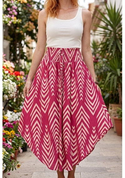 Soulshae Geometrik Desenli Beli Lastikli Asimetrik Midi Etek Pembe