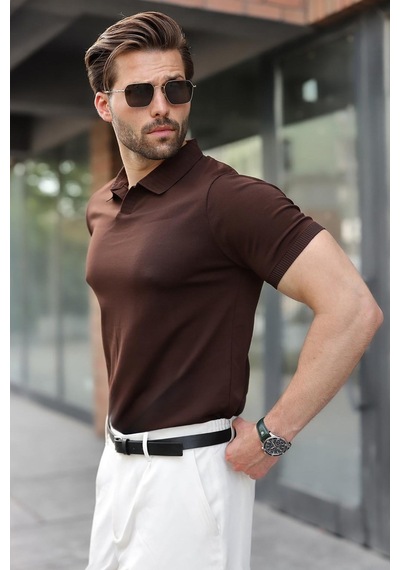 Madmext Kahverengi Regular Fit Polo Yaka Triko Erkek Tişört E7502