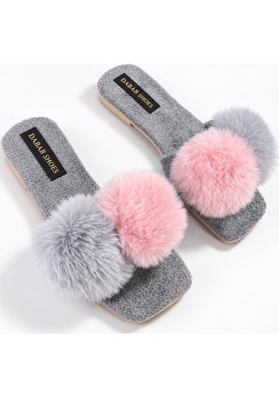 Dabab Shoes Pomella Kadın Gri Çift Ponponlu Peluş Bantlı Kaymaz Tabanlı Önü Açık Ev Terliği