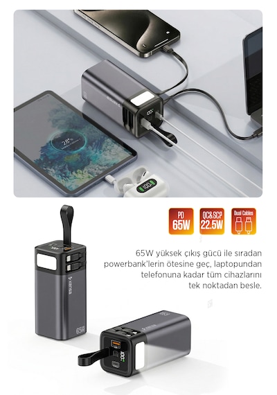 65w Pd Süper Hızlı 20.000mah Dahili Kablolu Taşınabilir Hızlı Şarj Aleti Powerbank siyah