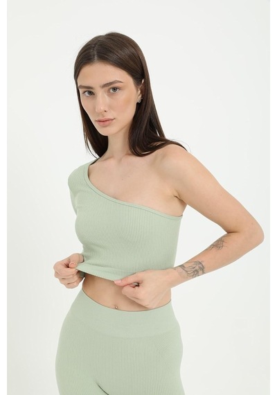 Tek Omuz Crop Top Su Yeşili -m Altın - Beyaz