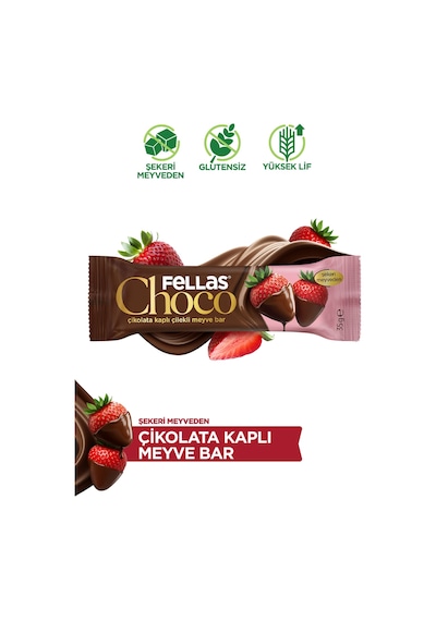 Fellas Choco - Çikolata Kaplı Çilekli Meyve Bar 35 G X 12 Adet