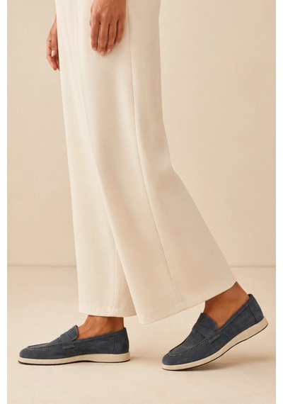 Sovenso Suede Hakiki Deri Mavi Süet Loafer