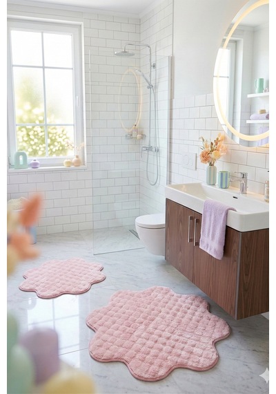 Bubble Papatya Banyo Paspası 2'li Set Pofuduk Yumuşak Peluş Kaymaz Taban Dekoratif Banyo Halısı Pembe