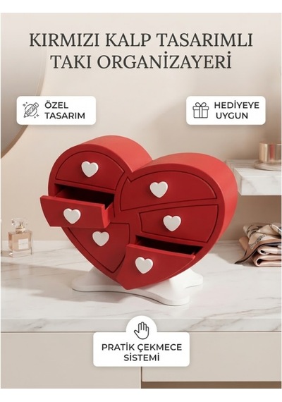 Kırmızı Kalp Tasarımlı Takı Organizajeri Ve Dekoratif Çekmeceli Kutu Açık Kırmızı