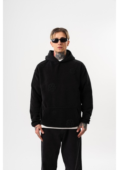 Respire Erkek Süzene Nakış Detaylı Kapüşonlu Oversize Polar Hoodie Siyah