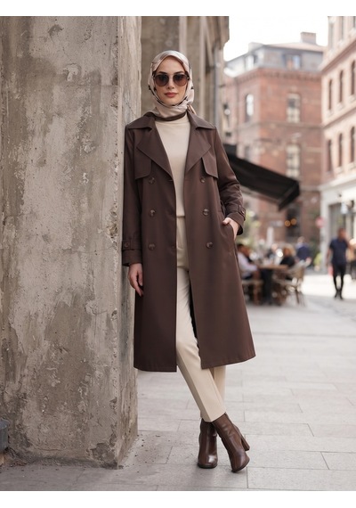 B.he.z Kruvaze Yaka Bondik Su İtici Kumaş Astarlı Trend Model Diz Altı Trençkot Kahverengi