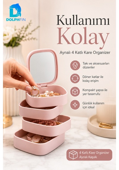 Aynalı 4 Katlı Kare Makyaj Ve Kozmetik Organizer Banyo Dolap Düzenleyici Pembe