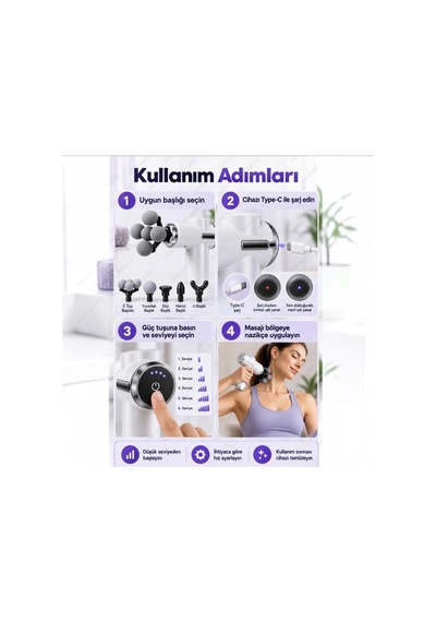 Auhma Amg49 2400mah 6 Kademeli 5 Başlıklı Masaj Tabancası Derin Kas Masaj Cihazı