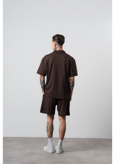 Erkek Respire Relined Yazılı Regular Fit T-shirt Şort Takım Kahve Kahverengi