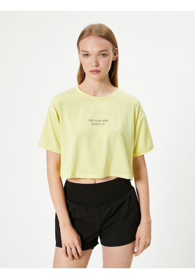 Koton Crop Spor Tişört Kısa Kollu Bisiklet Yaka Baskı Detaylı Sarı 4sak10270nk Sarı