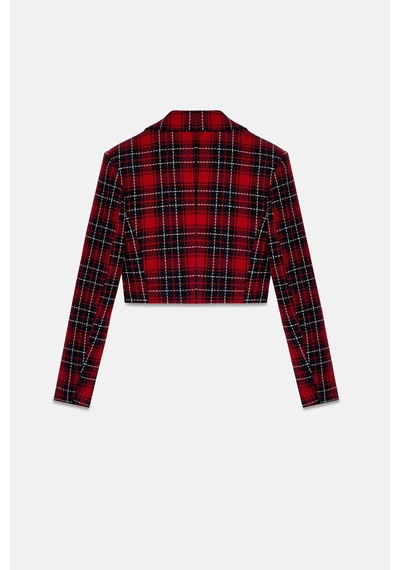 Kadın Kırmızı Ekoseli Crop Blazer Kırmızı