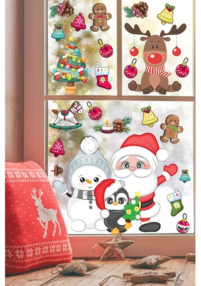 Sevimli Kardan Adam Noel Baba Ve Geyik Temalı Yılbaşı Pencere Sticker