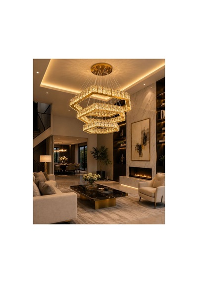 Kristal Taşlı Led Avize Modern Lüks Sarkıt 3 Renk Kumandalı Altıgen Salon Villa Avizesi Altın