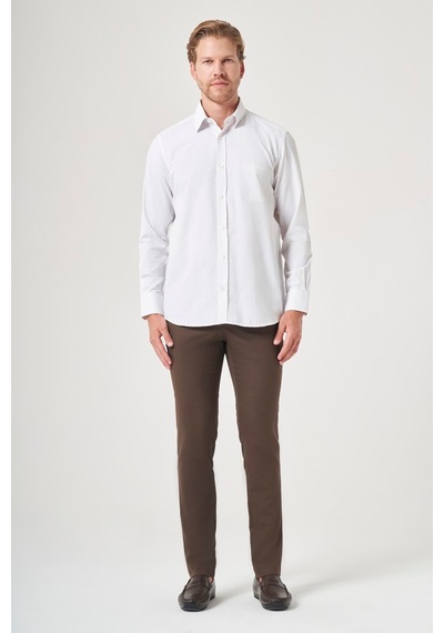 İmza Beyaz-bej Sert Yaka Uzun Kol Cepli Comfort Fit Pamuklu Gömlek 1004260222 Beyaz - K.bej