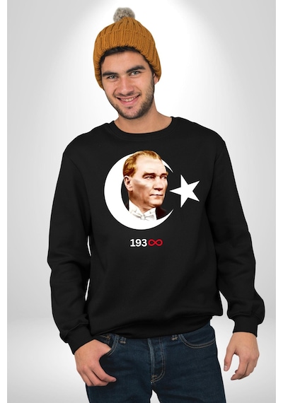 Atatürk Türk Bayrağı Sonsuzluk Unisex Siyah Sweatshirt Siyah